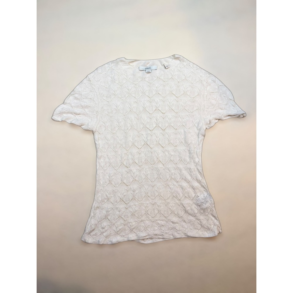 Vince Cream Cotton Pointelle Lace Knit Short Sleeve Top Tee XS